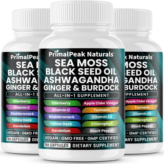 PrimalPeak Naturals sea moss bottle shows a 16-in-1 blend for daily immune wellness