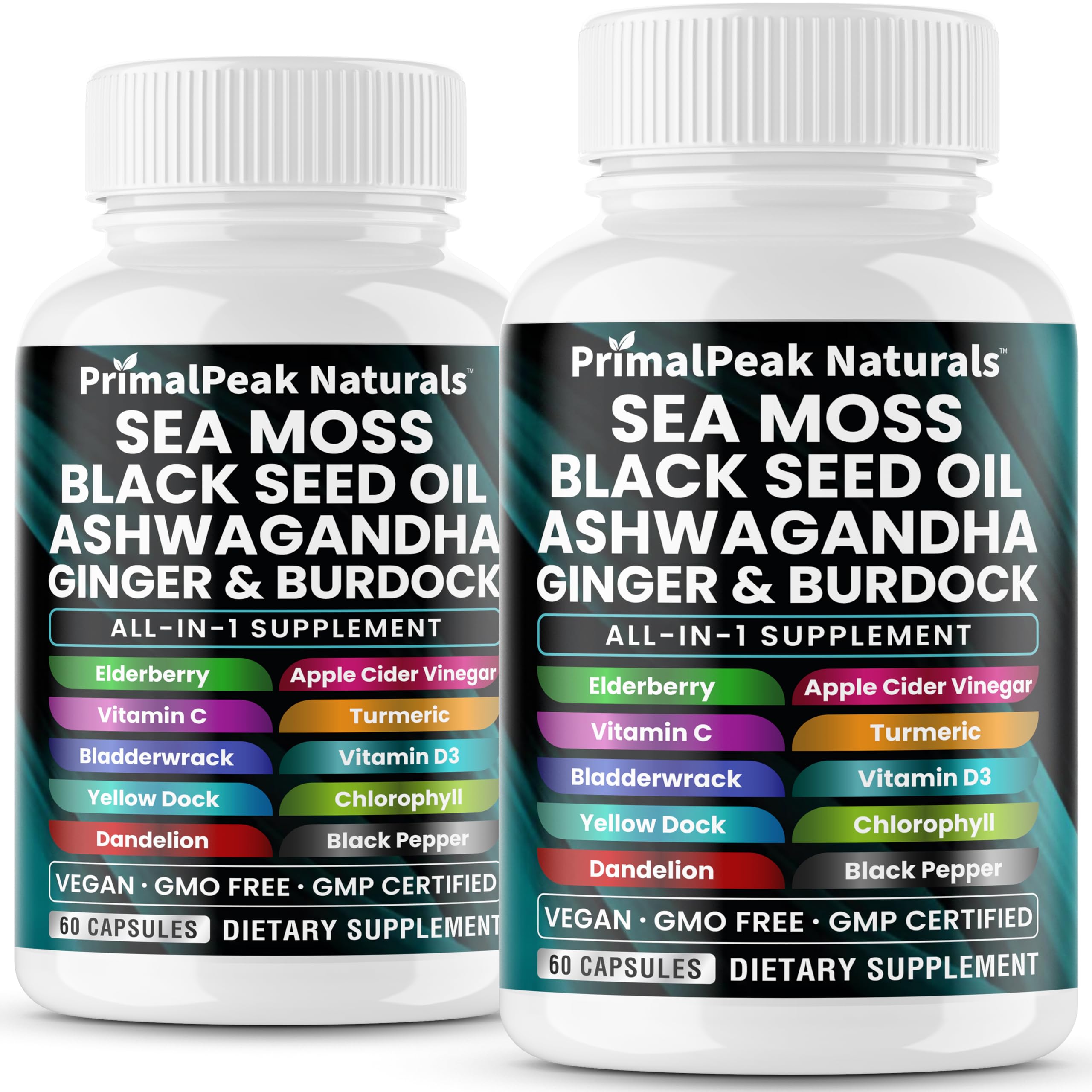 PrimalPeak Naturals Sea Moss bottle shows a robust 16-in-1 blend for daily vitality.