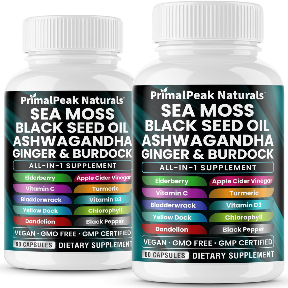 PrimalPeak Naturals Sea Moss bottle shows a robust 16-in-1 blend for daily vitality.