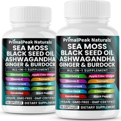 PrimalPeak Naturals Sea Moss bottle shows a robust 16-in-1 blend for daily vitality.