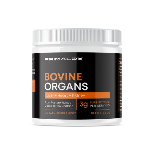 PRIMALRX Bovine Organ Powder desiccated liver capsules for energy support.