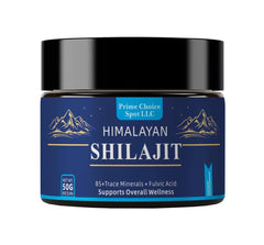 Prime Choice Spot LLC Himalayan Shilajit Resin 50g jar on a clean surface for daily energy support