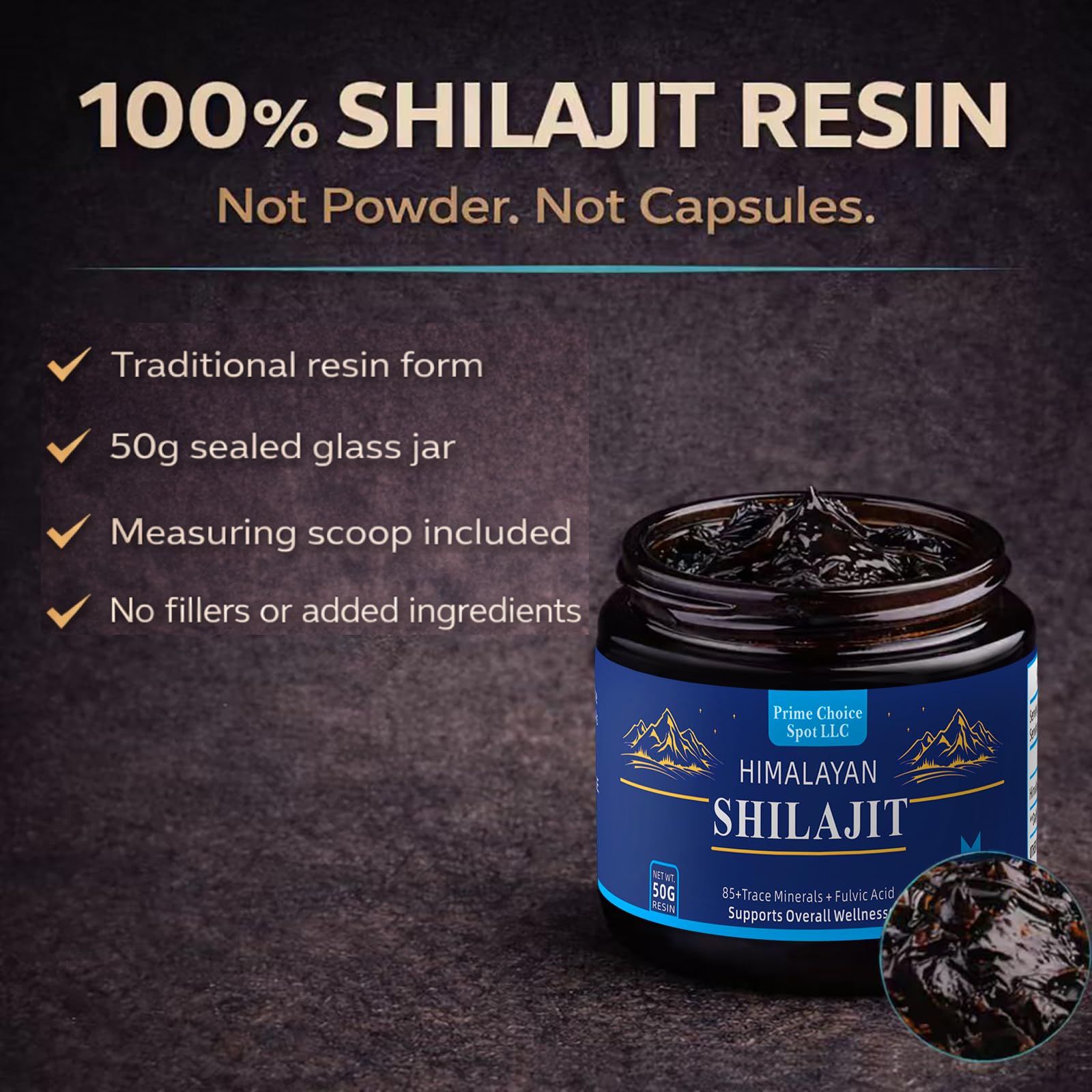 Close-up texture of Prime Choice Spot LLC Shilajit Resin highlighting mineral richness