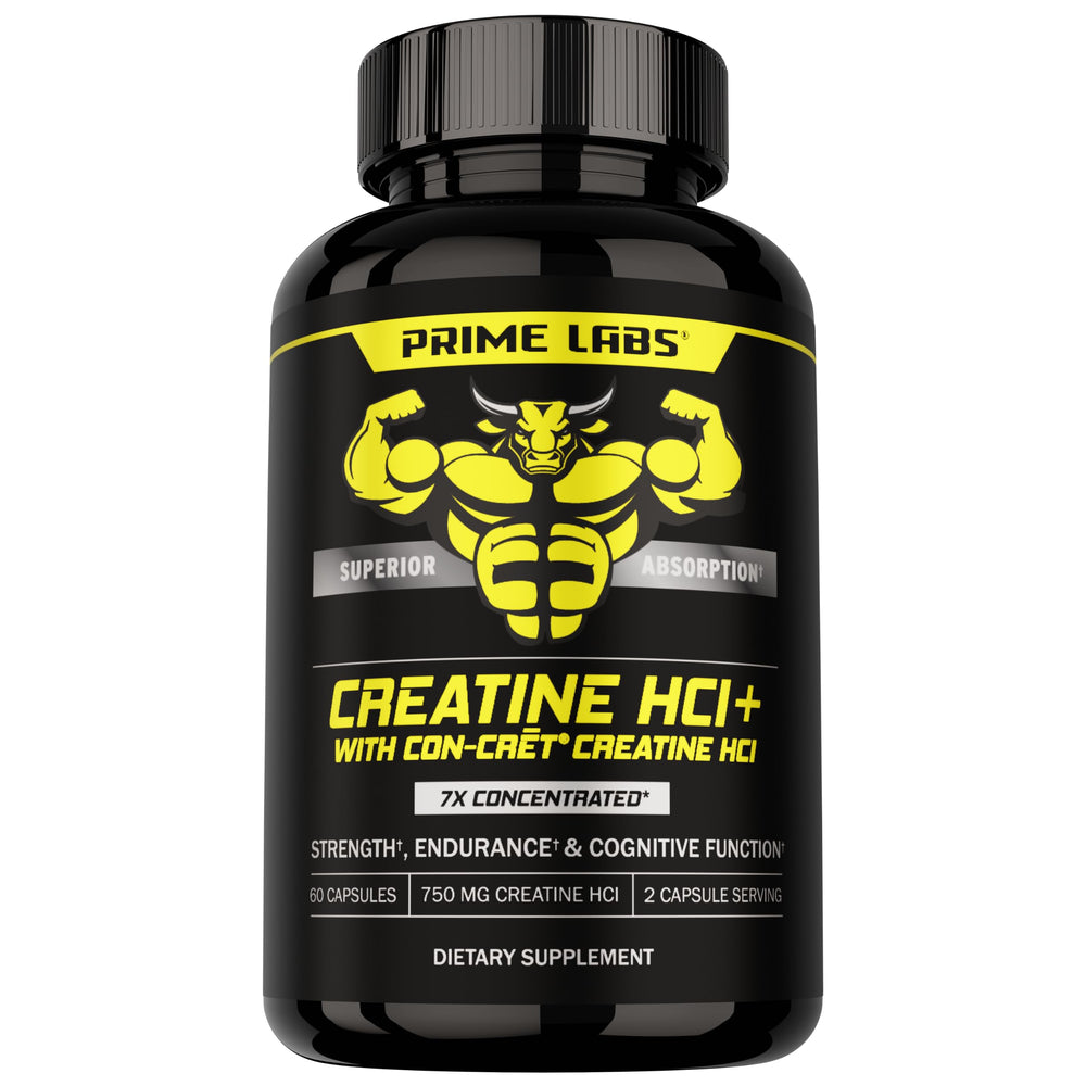 Prime Labs Creatine HCl capsules bottle on shelf for muscle support