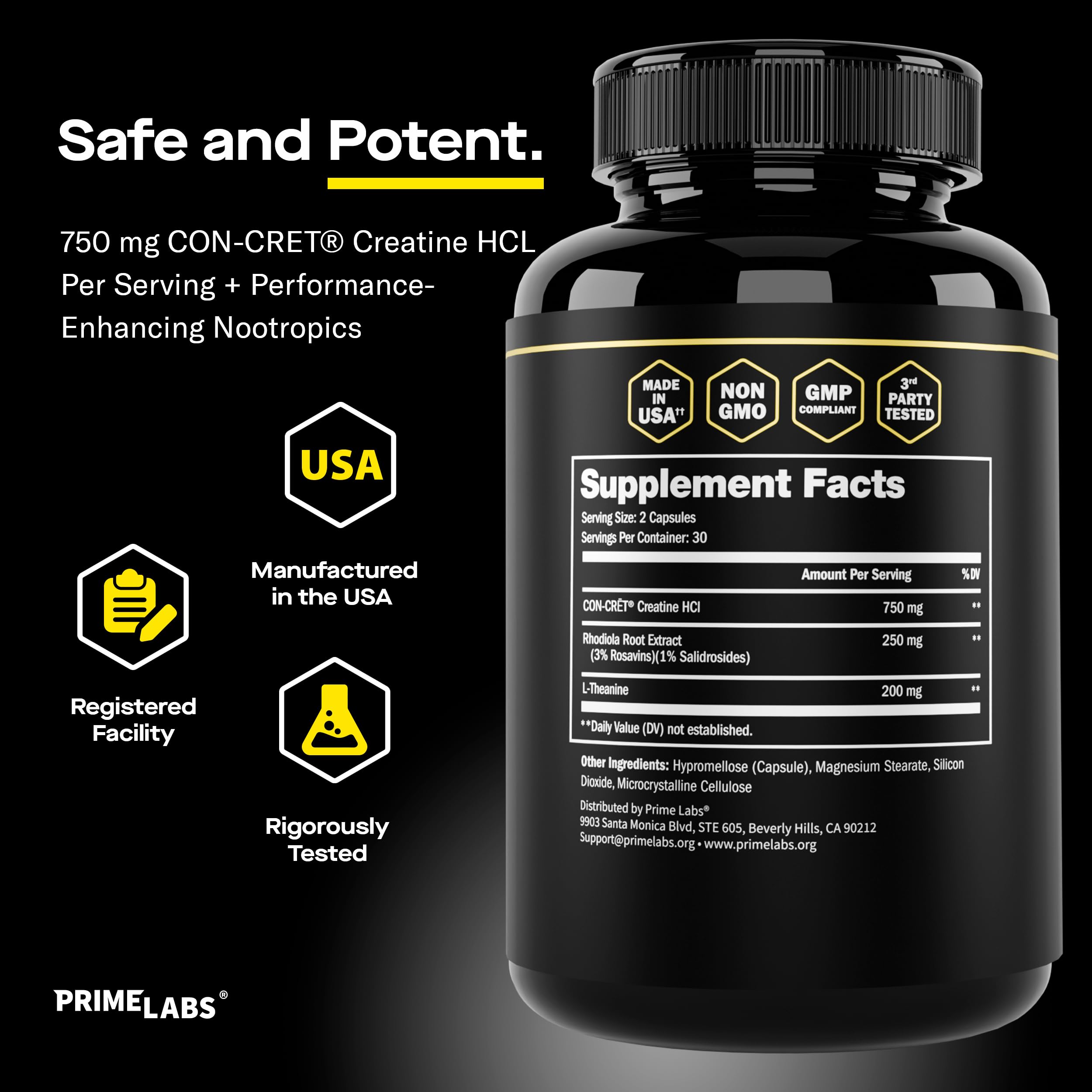 Packaging of Prime Labs Creatine HCl capsules beside gym gear
