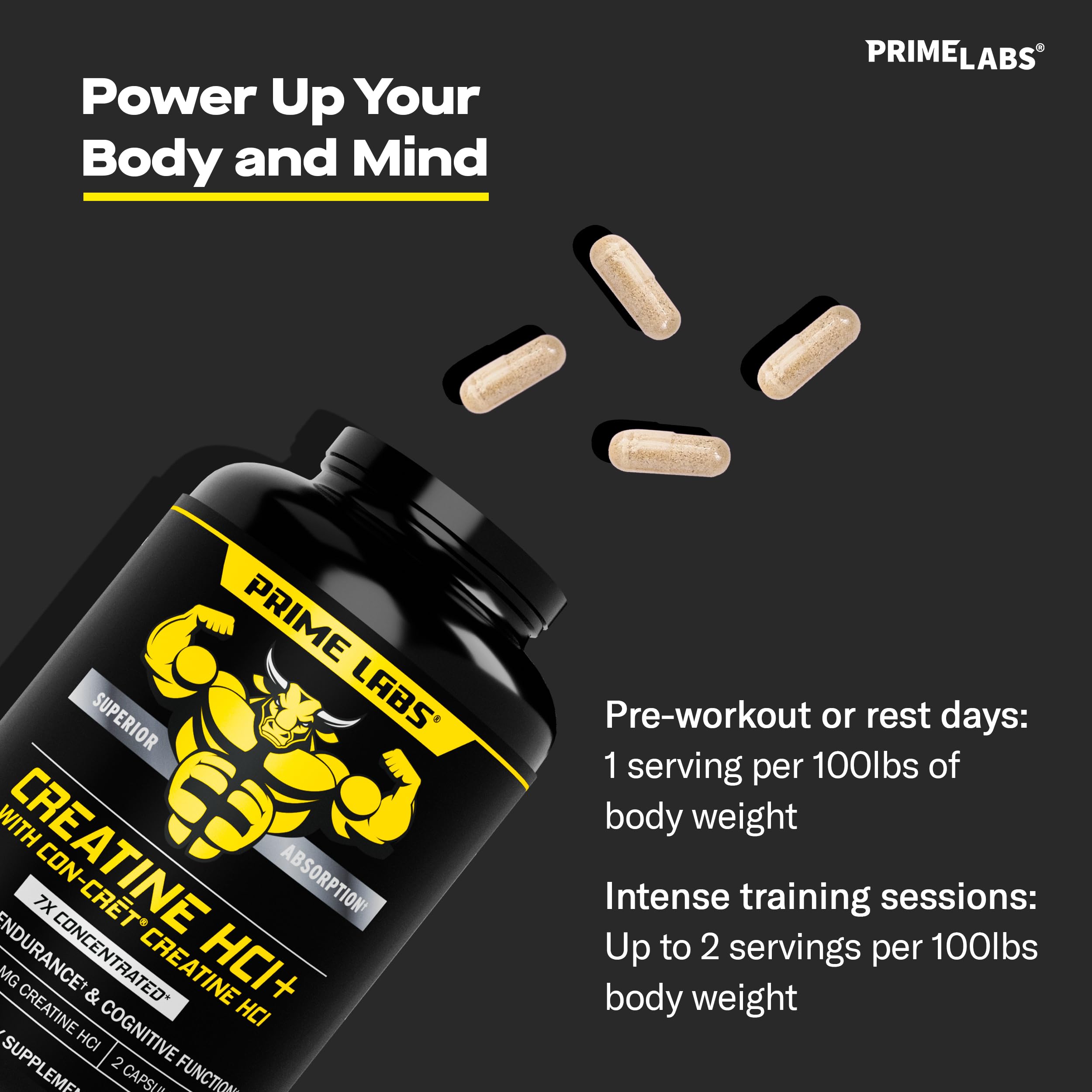 USA-made Prime Labs Creatine HCl capsules with GMP seal
