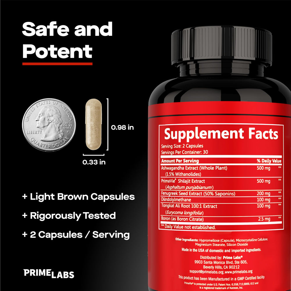 Prime Test Pro bottle beside Shilajit-focused imagery suggesting energy support.
