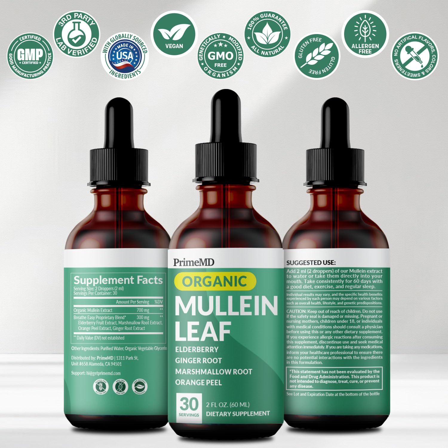PrimeMD Mullein Drops on shelf with tea, suggesting daily routine use.