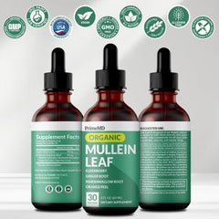 PrimeMD Mullein Drops on shelf with tea, suggesting daily routine use.