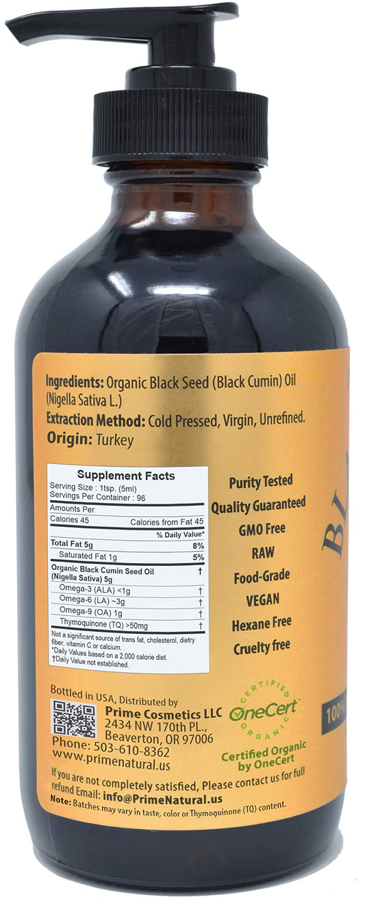 Prime Natural Black Seed Oil being poured to show purity.
