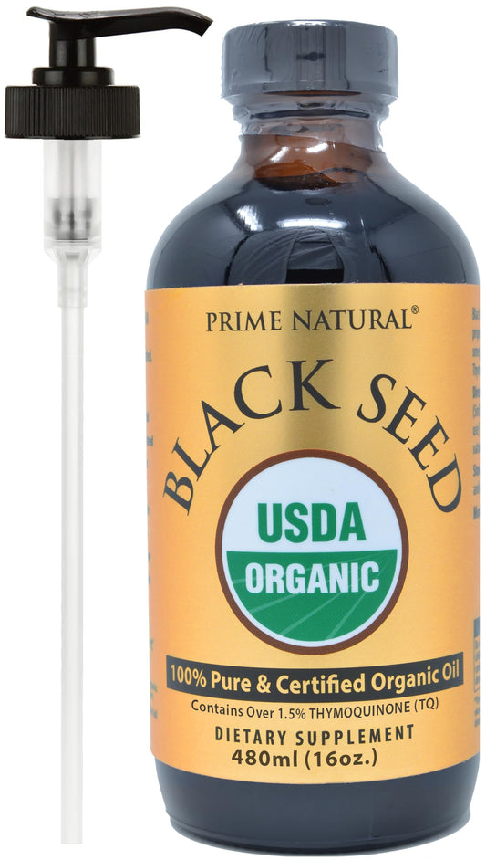 Prime Natural Organic Black Seed Oil bottle for daily supplementation.