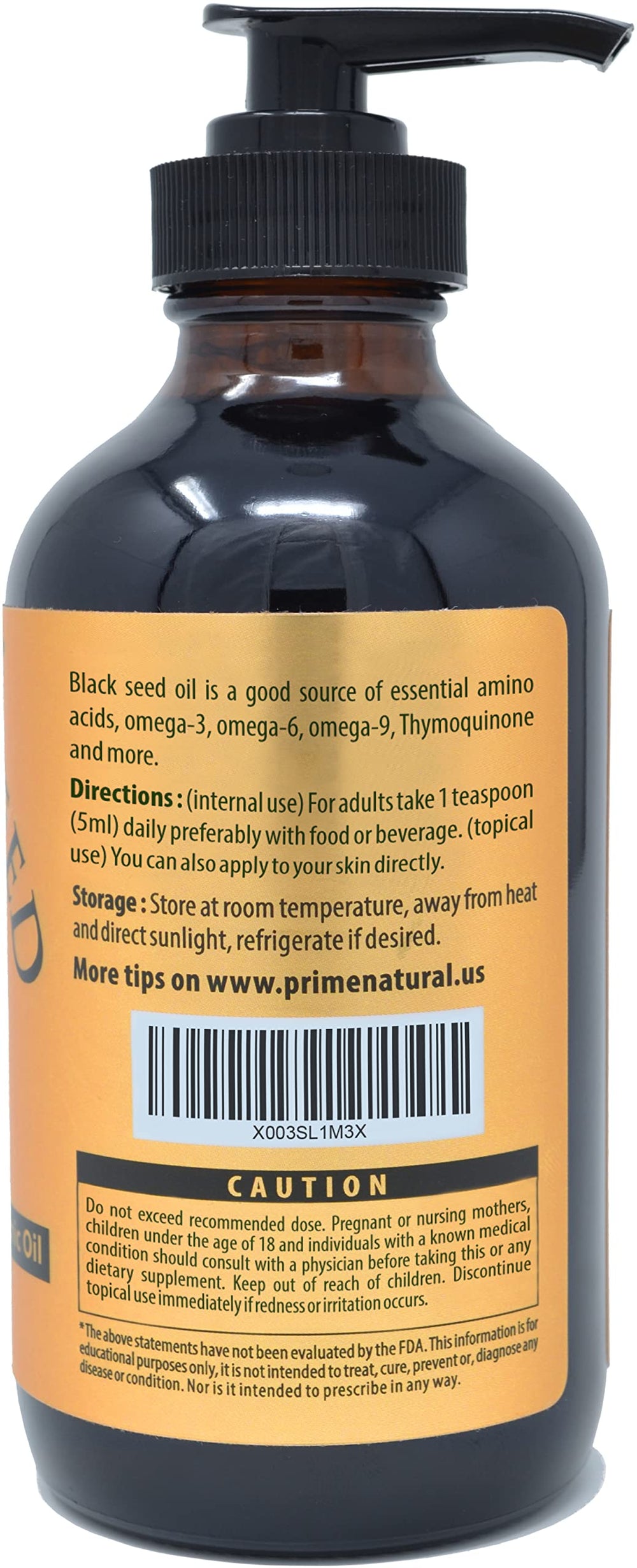 Prime Natural black seed oil bottle showcases 1.7% thymoquinone content.