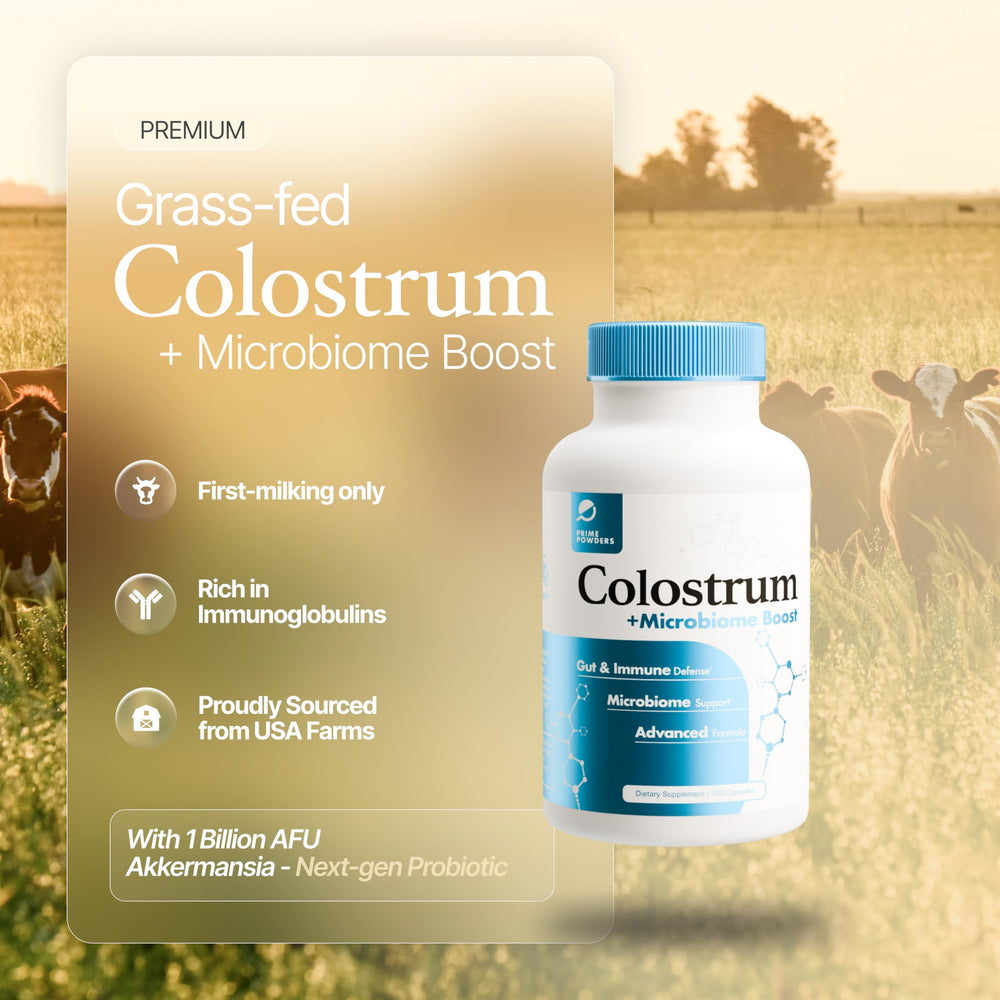 Prime Powders Akkermansia capsule label close-up highlighting probiotic balance for the microbiome.