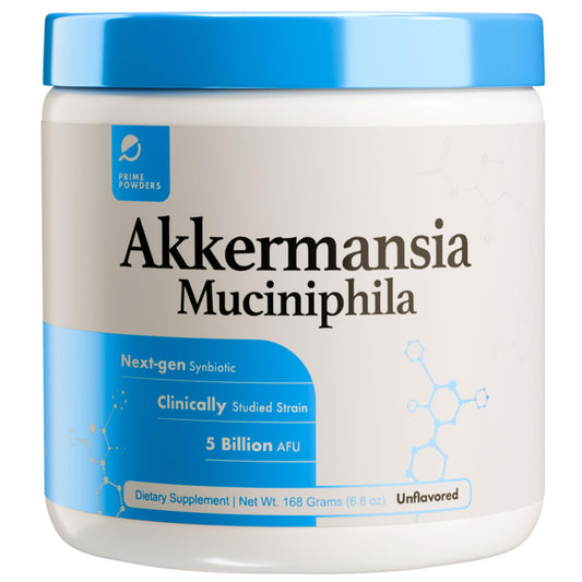 Prime Powders Akkermansia powder bottle, highlighting convenient gut health support for daily balance.