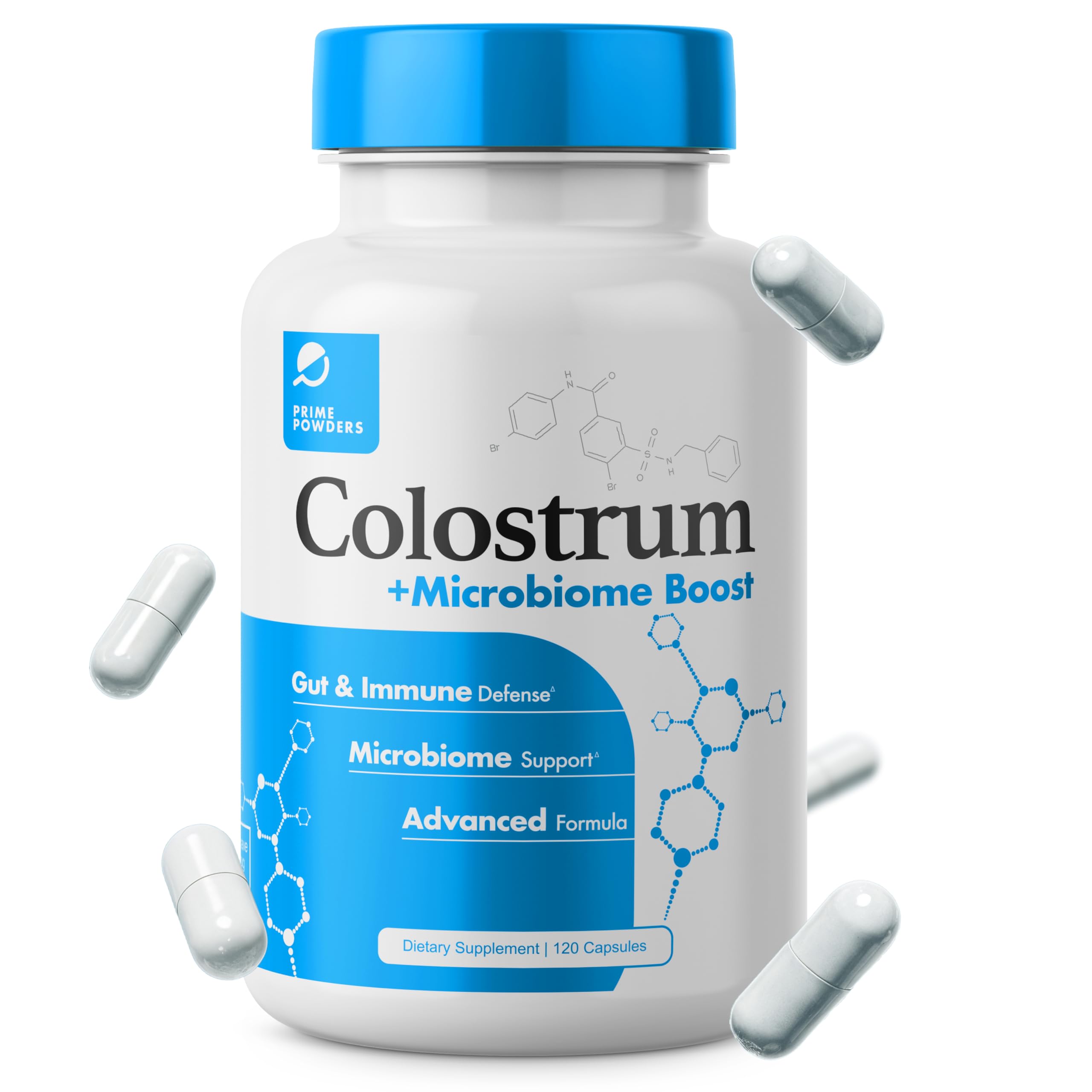 Prime Powders Colostrum capsules bottle on a clean surface for daily gut support.