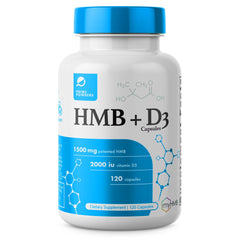 Prime Powders HMB D3 bottle front shows patent formula for active living.