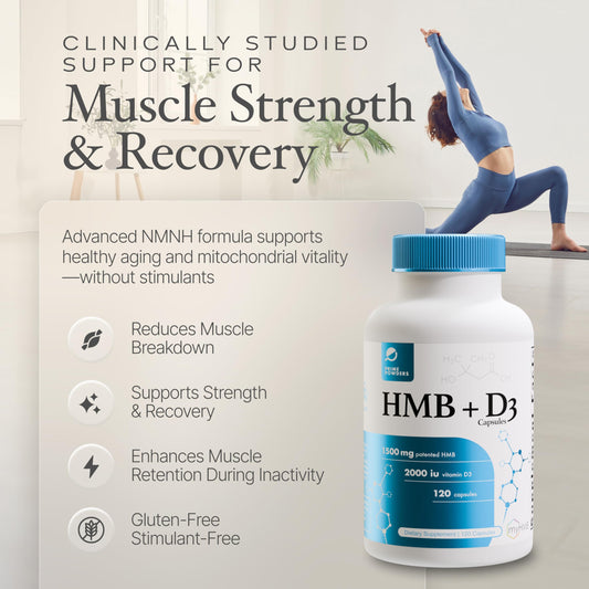 Prime Powders HMB D3 capsules close up highlighting dosage for daily use.