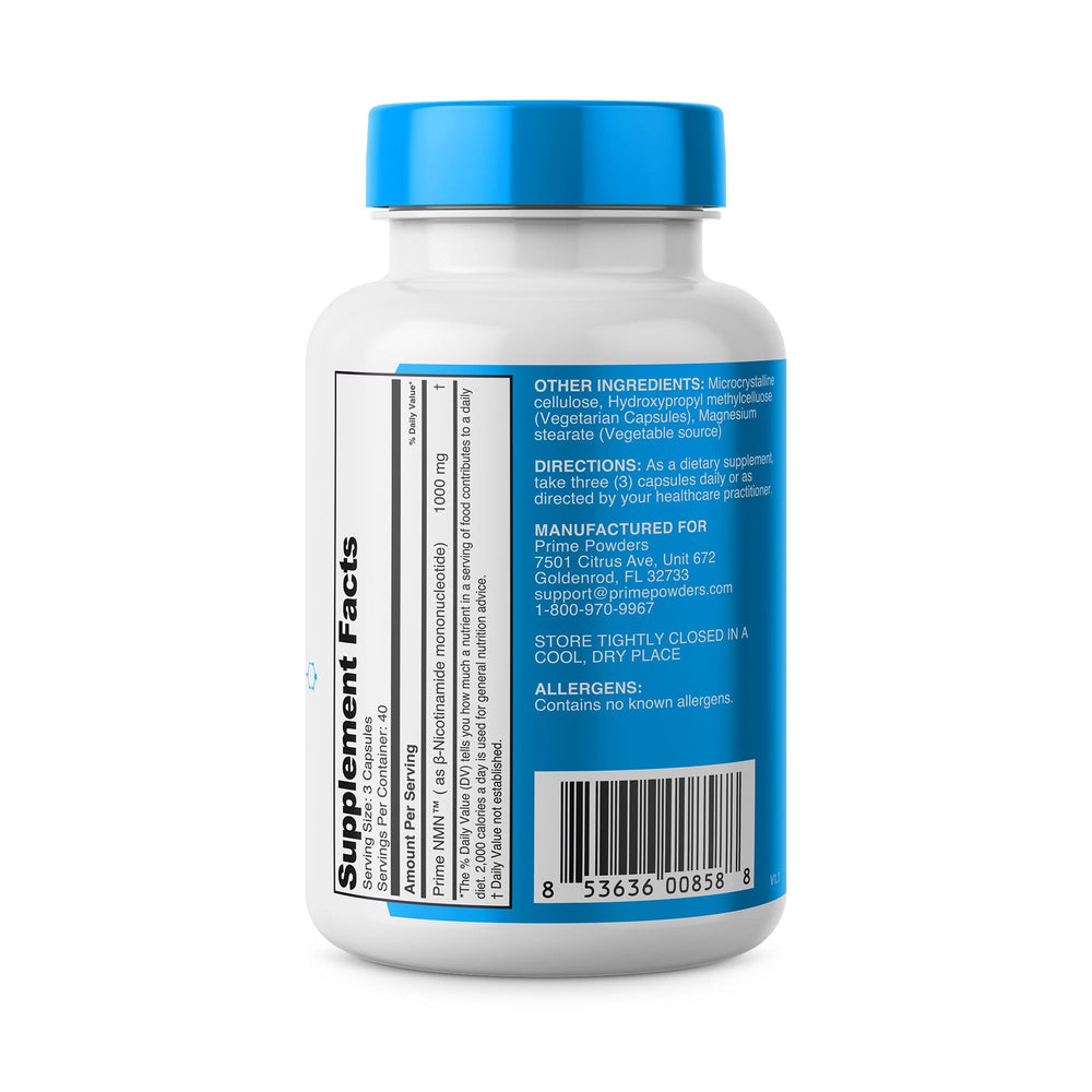 Prime Powders NMN capsules close-up showing smooth, fast-dissolving capsules for quick absorption