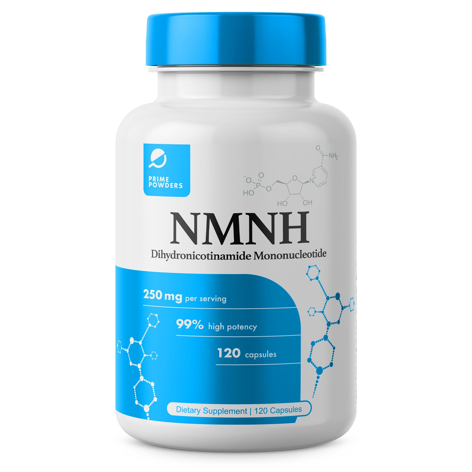 Prime Powders NMNH bottle front highlights NAD+ support for daily wellness.
