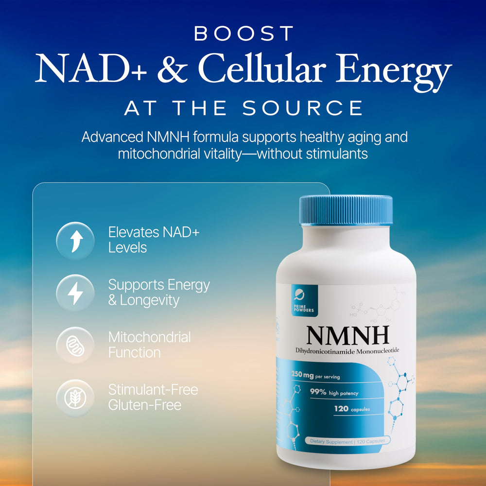 Prime Powders NMNH bottle label details NMNH content and vegan-safe, gluten-free features.