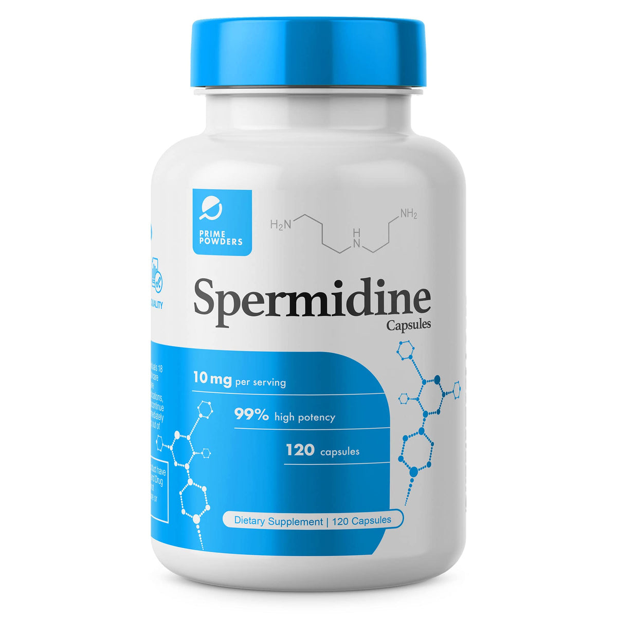 Prime Powders Spermidine capsules bottle showcases gluten-free, high-purity formula for daily support.