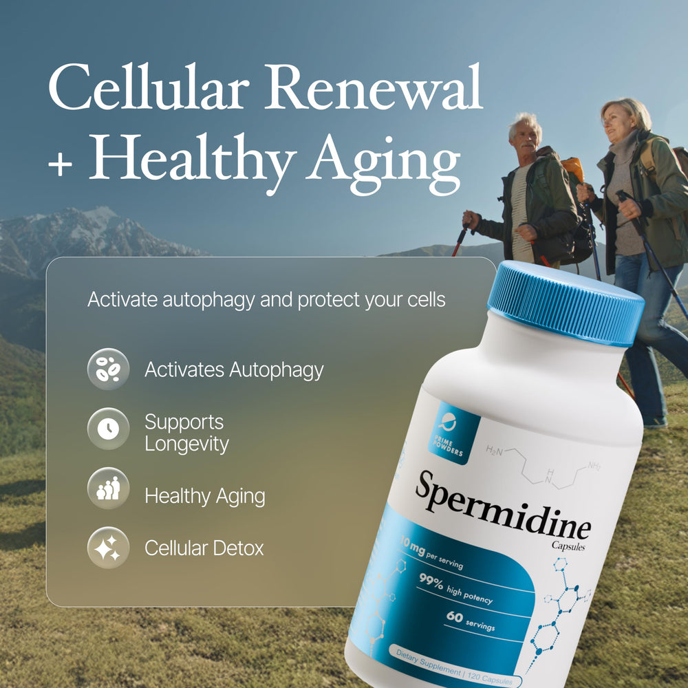 Prime Powders Spermidine capsules pour for easy daily intake.