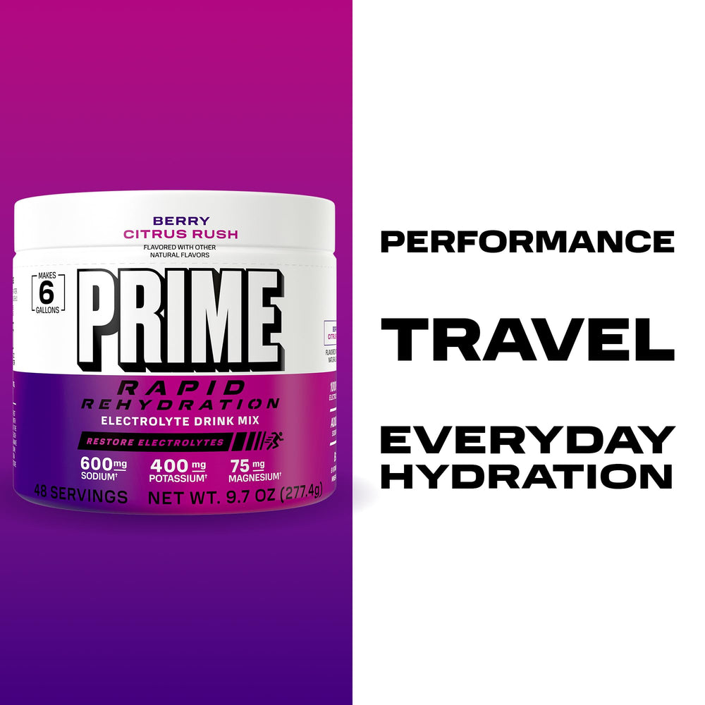 Prime Rapid Rehydration powder beside gym bag for on-the-go hydration