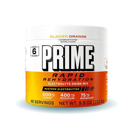 Prime Rapid Rehydration Glacier Orange tub showing zero sugar hydration on the go