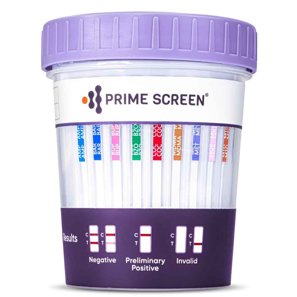 Prime Screen test cup showing 12-panel sweep for lab-grade accuracy at home.