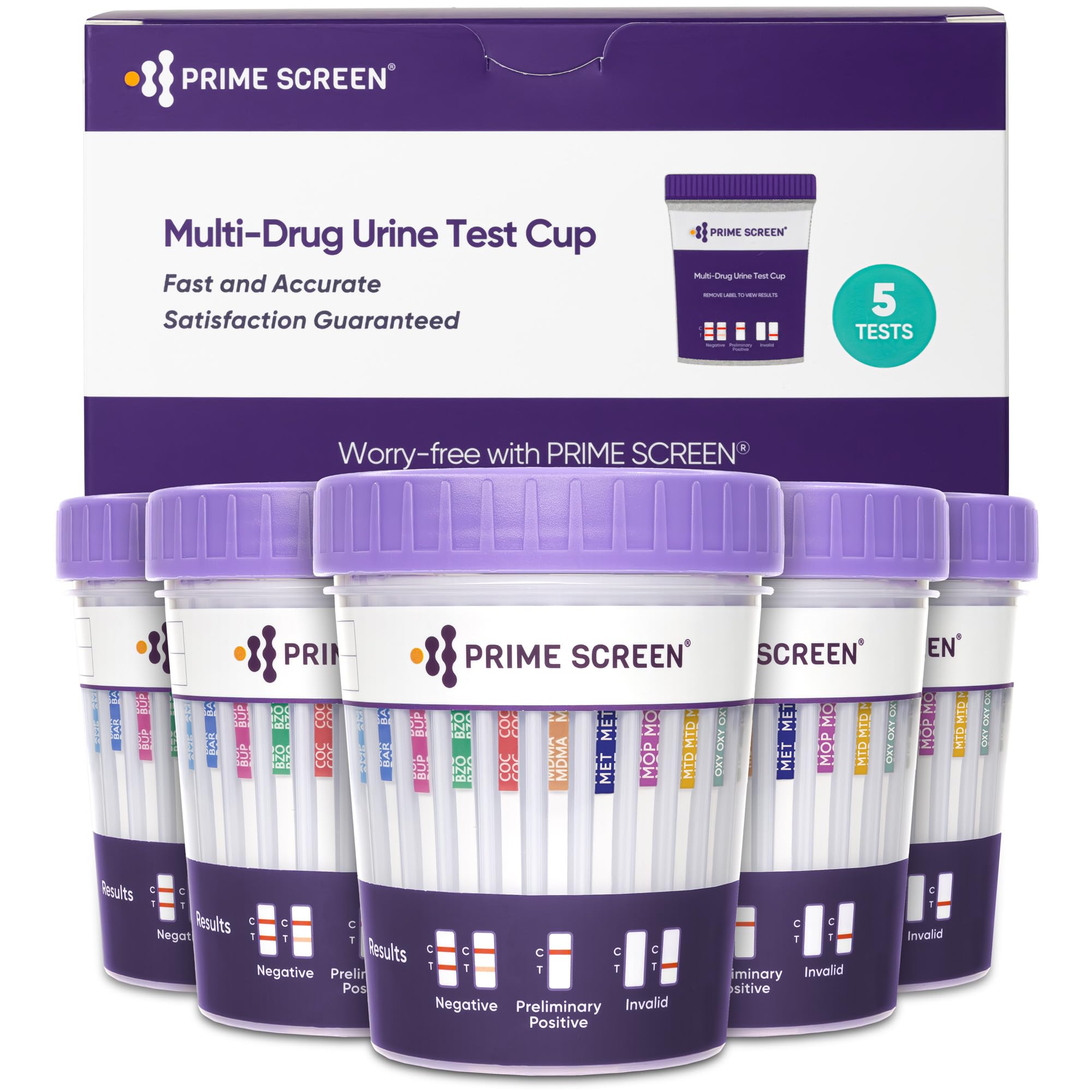 Prime Screen 18-panel urine test cup in-use for quick at-home screening.