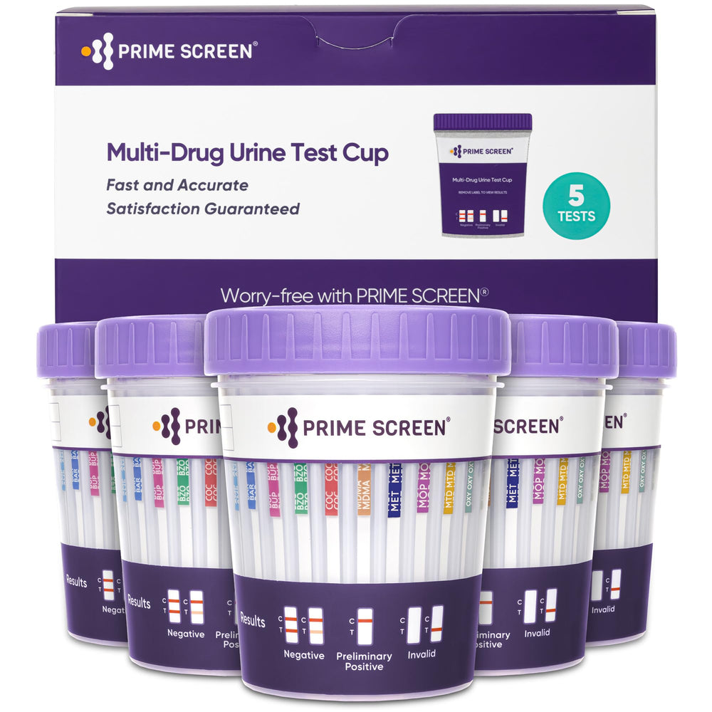 Prime Screen 18-panel urine test cup in-use for quick at-home screening.