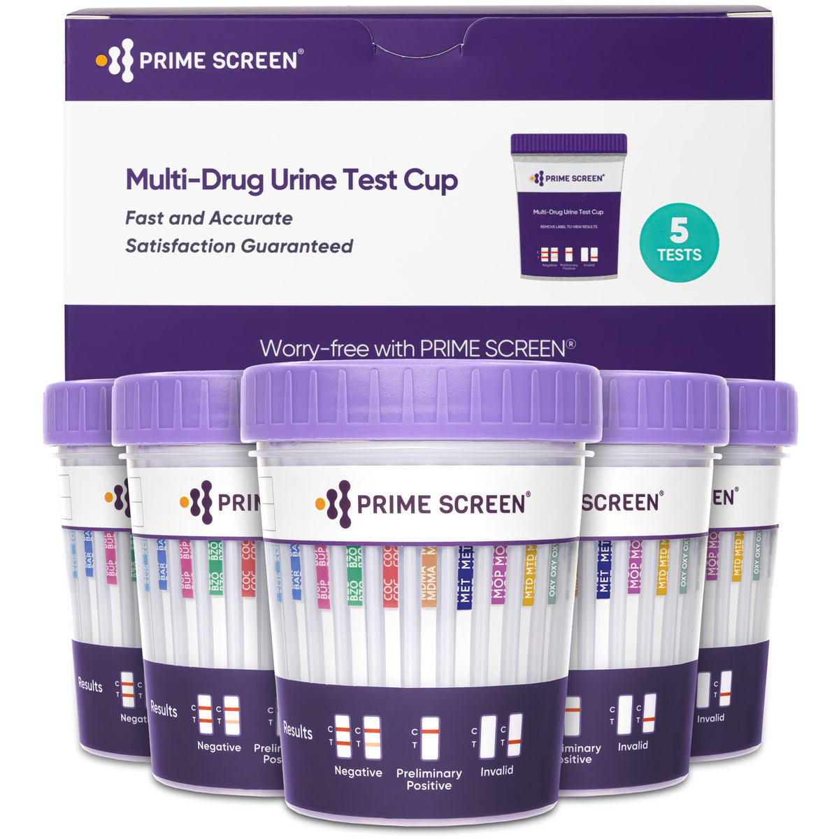Prime Screen 18-panel urine test cup in-use for quick at-home screening.