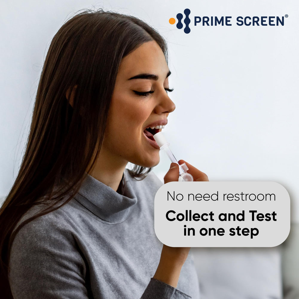 Prime Screen test kit demonstrating gravity-assisted saliva collection.