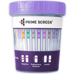 Prime Screen urine test compact cup with 16-panel kit for quick, on-site screening.
