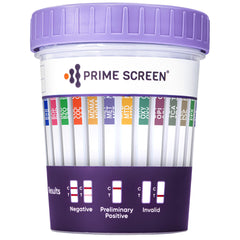 Prime Screen urine test cup showing 14-panel layout for at-home testing