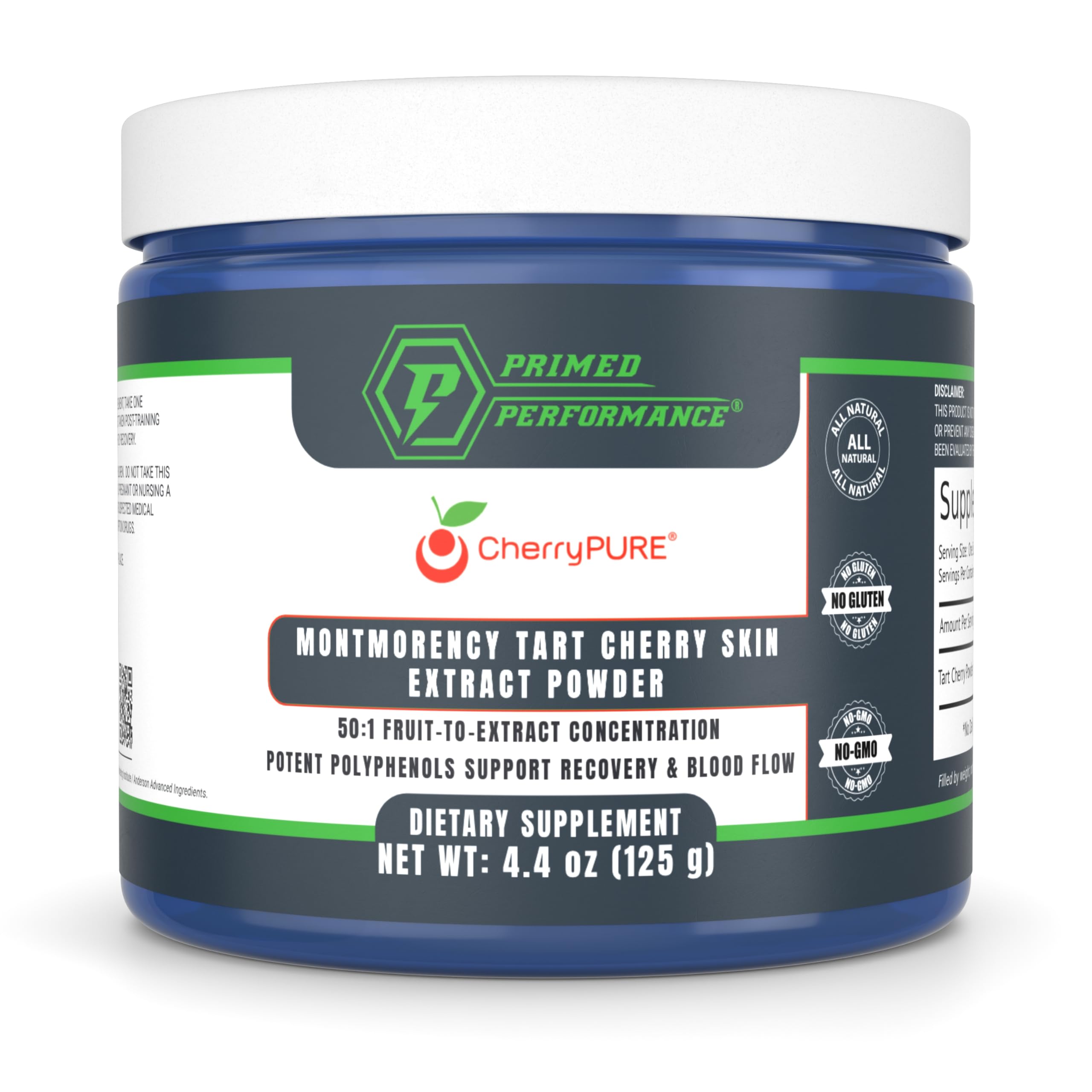 Primed Performance CherryPURE Tart Cherry Powder jar for daily recovery routine.