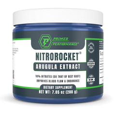 Primed Performance NitroRocket bottle front showing stimulant-free energy support.