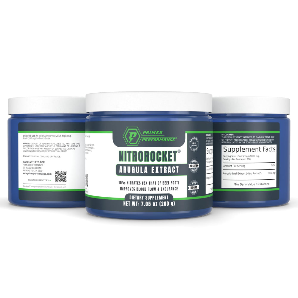 Primed Performance NitroRocket packaging highlights clean label and plant-based ingredients.
