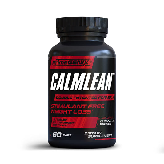 PrimeGENIX CalmLean bottle being poured, stimulant-free fat burner for daily use