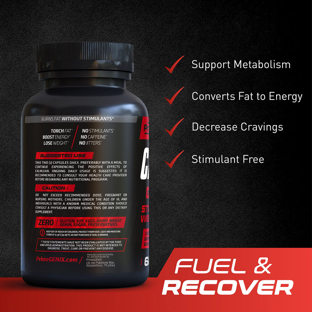 PrimeGENIX CalmLean capsules close-up, non-stimulant appetite control