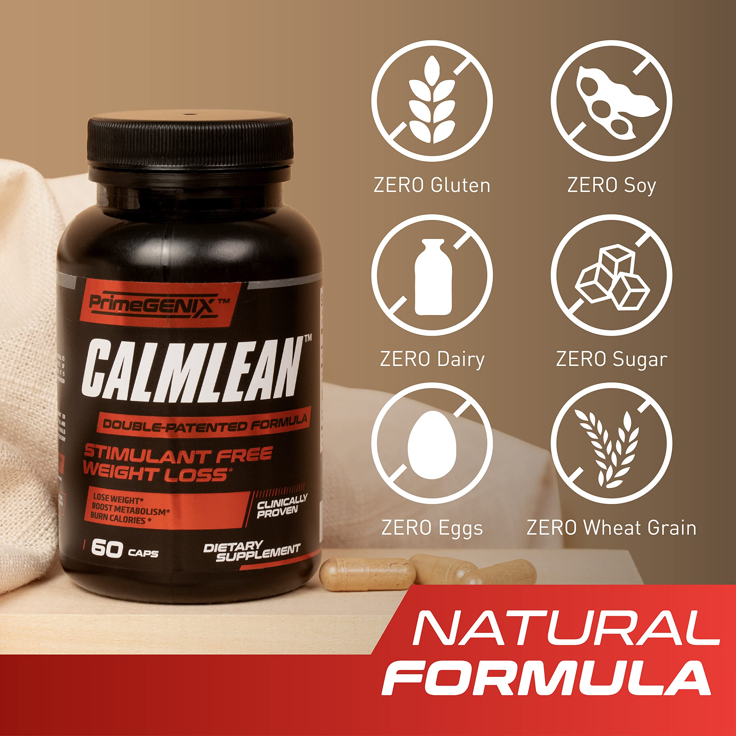 PrimeGENIX CalmLean packaging box front, clean design for non-stimulant weight management