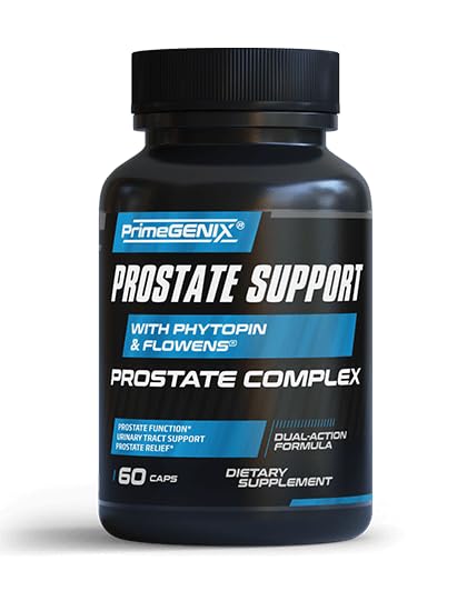 PrimeGENIX Prostate Support bottle showing dual-action formula for daily comfort