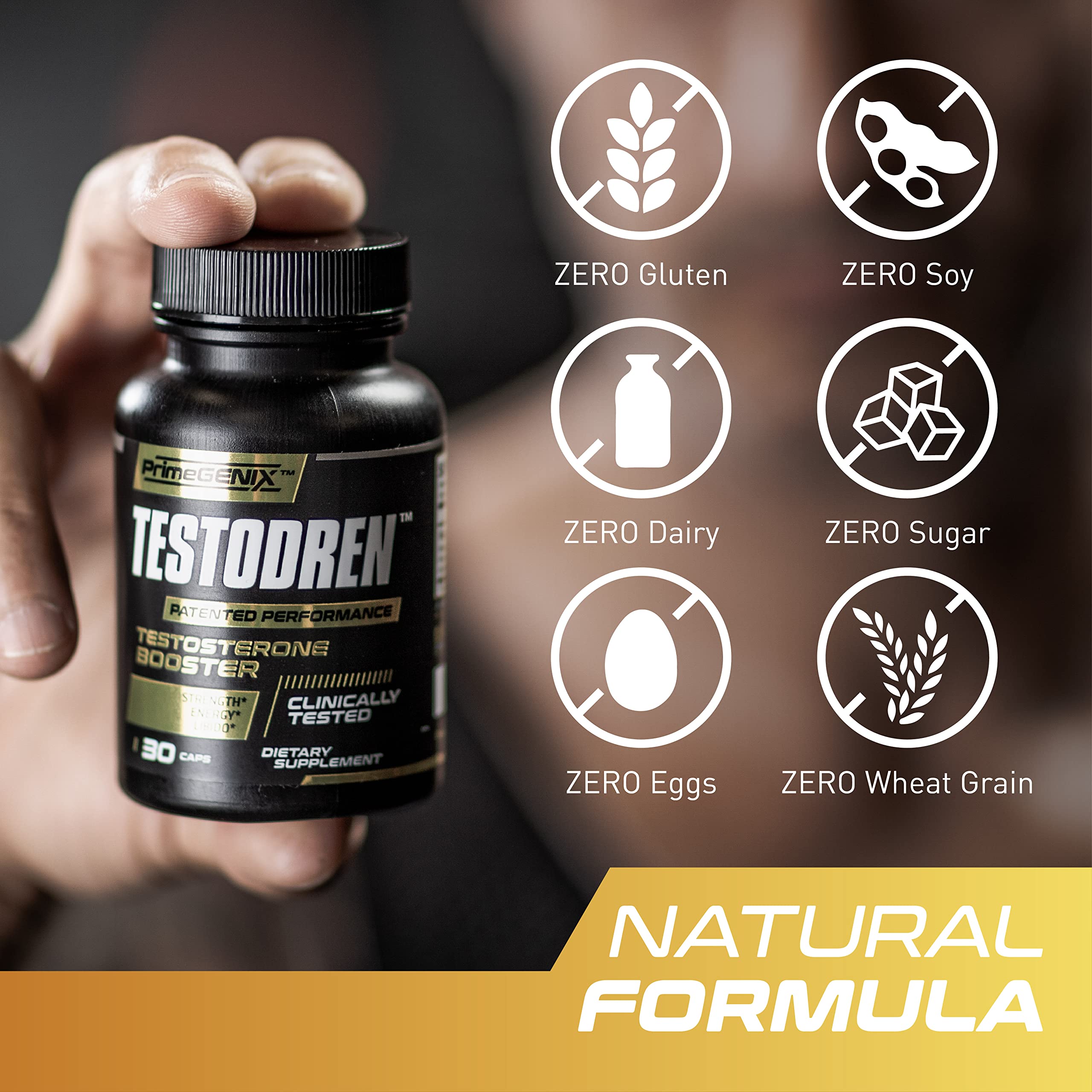 PrimeGENIX Testodren packaging emphasizing natural ingredients and purity