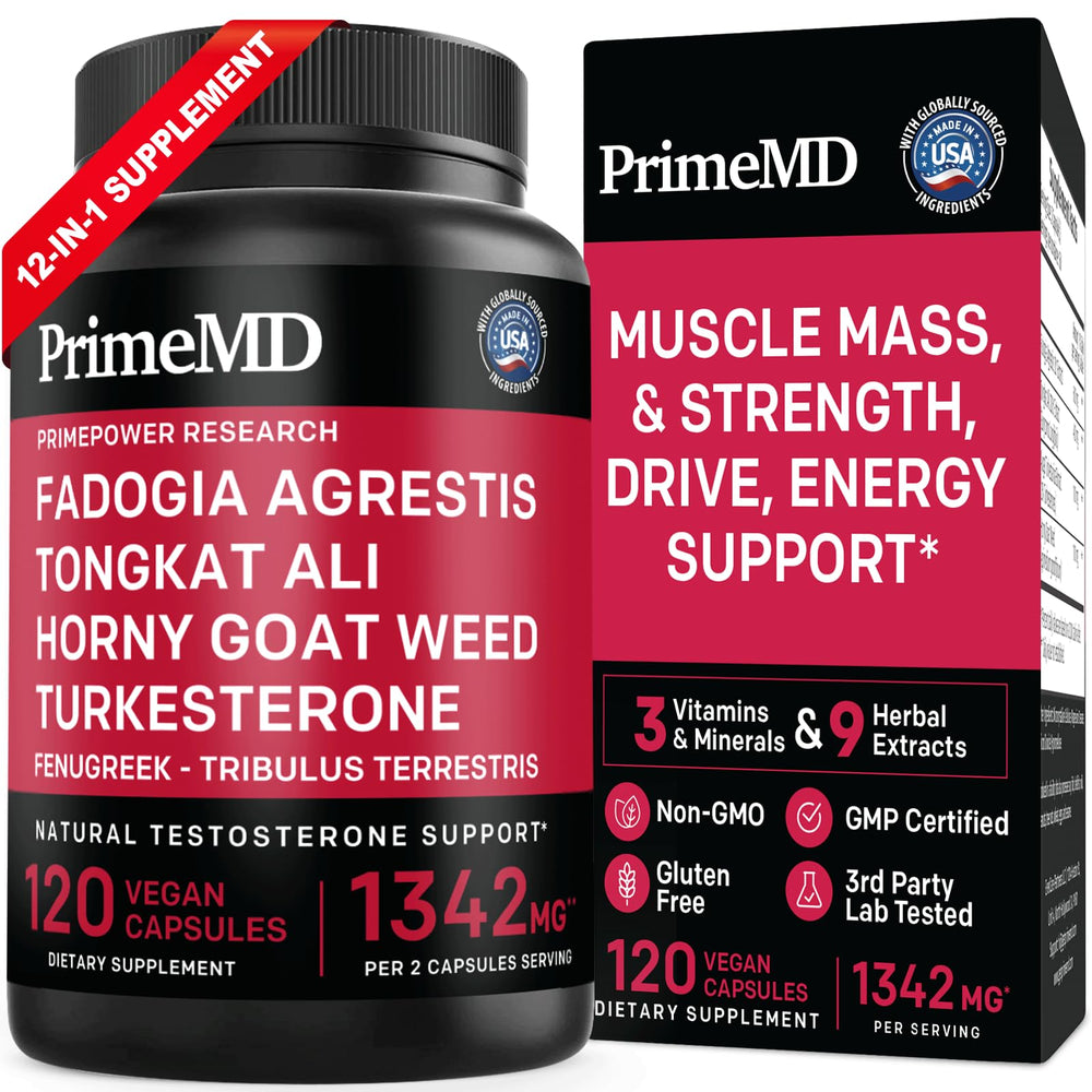 PrimeMD 12in1 Tongkat Ali bottle shows dosage and energy-support blend.