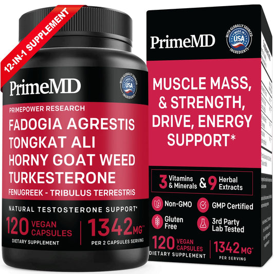 PrimeMD 12in1 Tongkat Ali bottle shows dosage and energy-support blend.