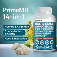 PrimeMD Lions Mane capsules close-up highlighting daily focus
