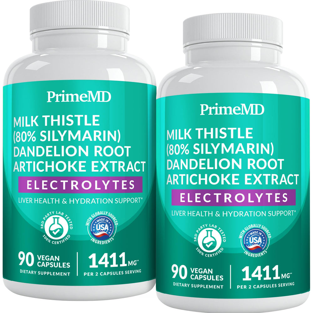 PrimeMD 22in1 liver support bottle on a counter for daily hydration balance.