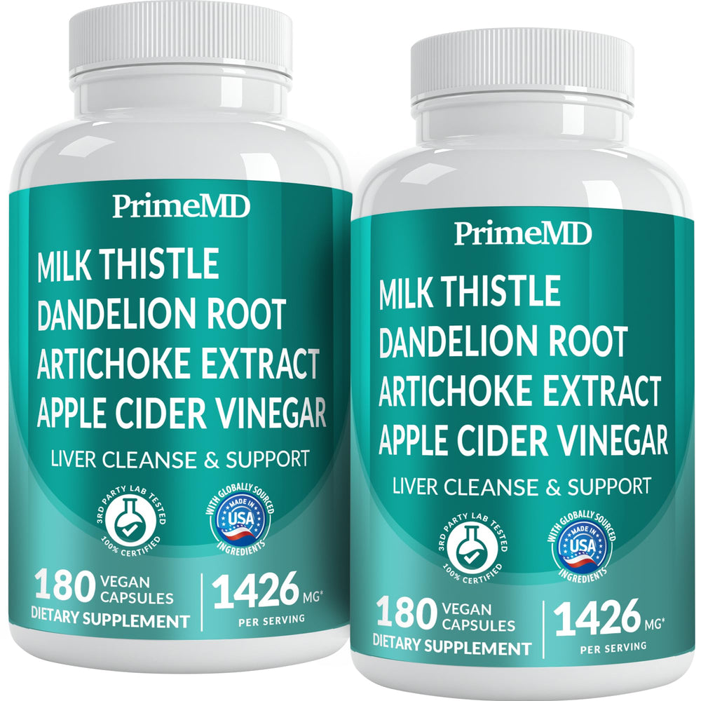 PrimeMD 32-in-1 liver support bottle with milk thistle for liver wellness.