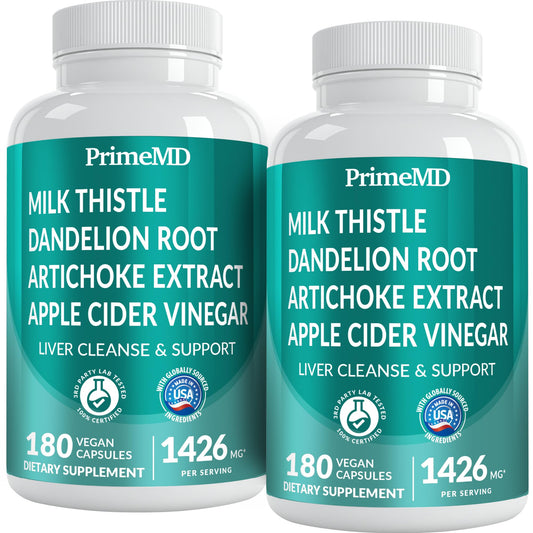 PrimeMD 32-in-1 liver support bottle with milk thistle for liver wellness.