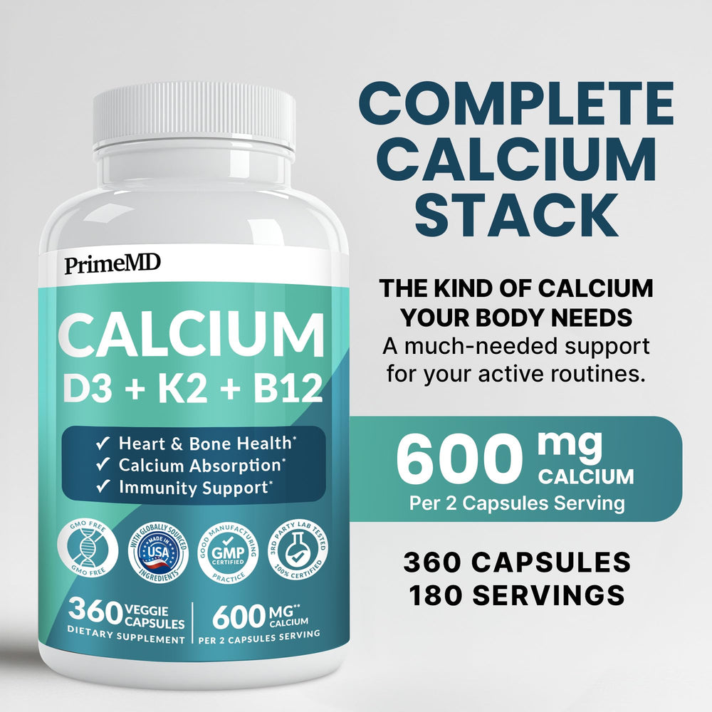 PrimeMD 4-in-1 calcium bottle back shows dosage and ingredients clearly